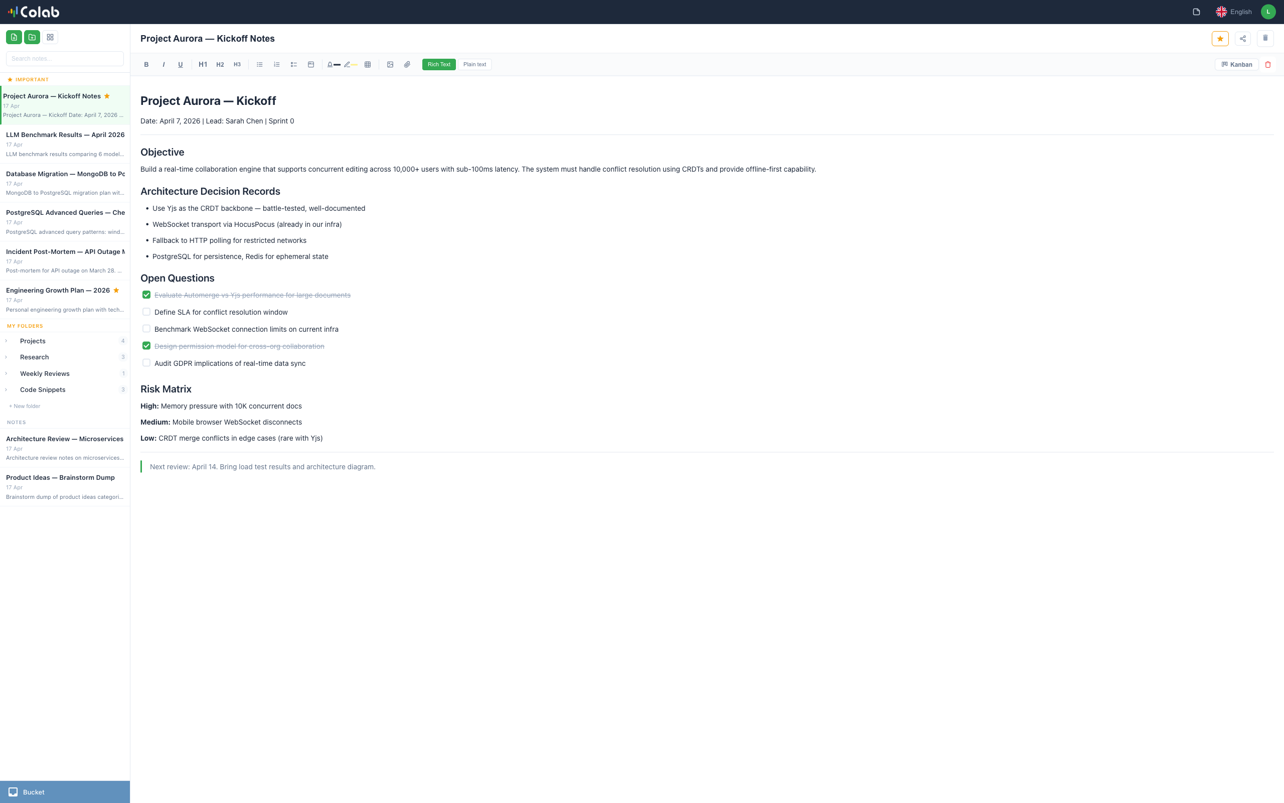 Editor di testo ricco Pilot Colab che mostra una nota di progetto con checklist, intestazioni, testo formattato e navigazione laterale con cartelle