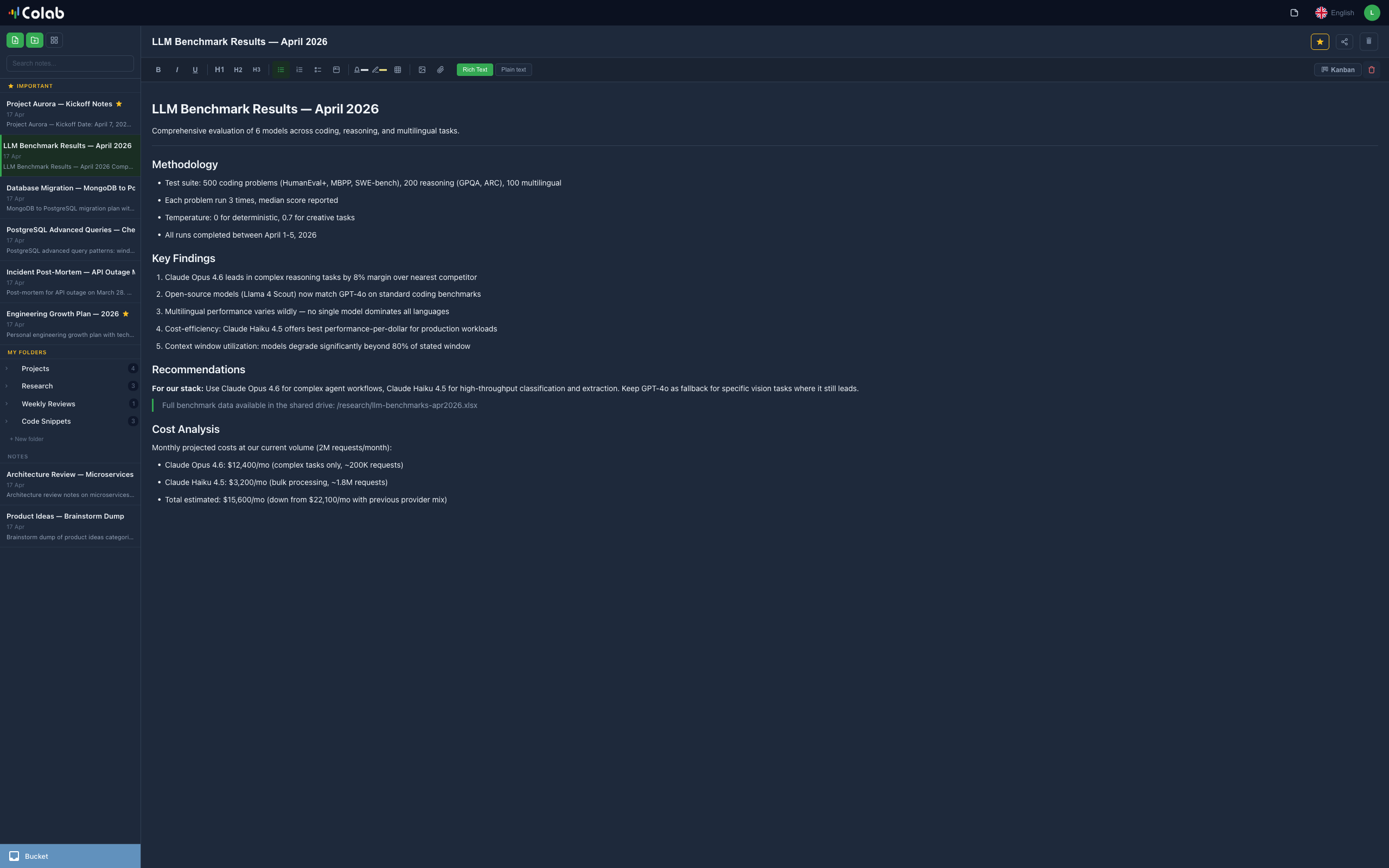 Pilot Colab in modalità scura che mostra una nota tecnica con navigazione laterale e formattazione completa in tema scuro